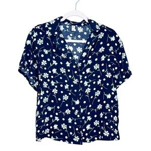 BP XS Oversized Navy Floral Short Sleeve Button Down Blouse
